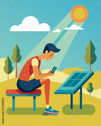 A tired jogger takes a break on a solarpowered bench along the running trail plugging in their phone to recharge while enjoying the scenic view.. Vector illustration