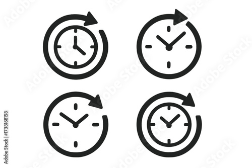 Clock icon set with circular arrow. Passage of time, history, and progress concept. Vector for 24 hours service, deadline, timer, express delivery, and time management.