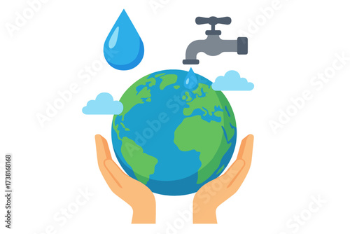 World Water Day concept with hands holding planet Earth. Save water creative concept. Water preservation, conservation, and sustainability. Ecology and environmental care.