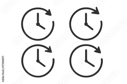 Clock icon set with circular arrow for passage of time concepts. Vector for progress, deadline, express delivery, countdown, timer, schedule, 24/7 service, update, history.
