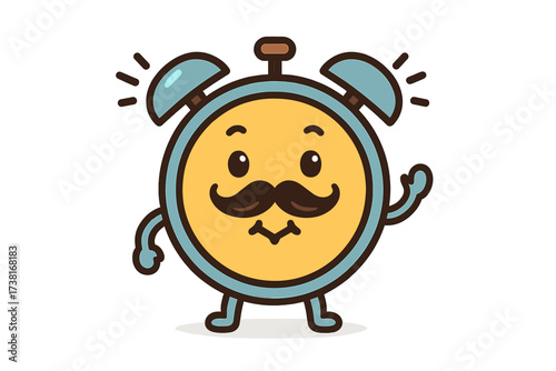 Cute alarm clock character with mustache hands smiling. Happy morning wake up call mascot. Cheerful retro watch timer waving. Vector icon illustration for time management concept.