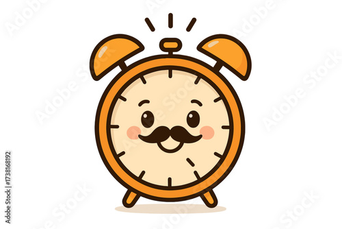 Cute alarm clock character with a mustache. Vector icon illustration for morning and waking up. Happy retro kawaii timepiece mascot for time management and deadline concepts.