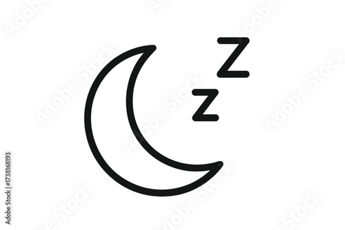 Crescent moon sleep symbol with zzz icon. Vector concept for night, bedtime, dreaming, and relaxation. Simple outline illustration for rest, fatigue, insomnia, napping, and quiet.