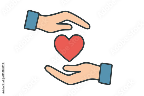 Hands holding heart flat icon. Vector illustration for charity, help, support, donation. Symbol of love, kindness, volunteering, hope. Health care, life insurance concept.