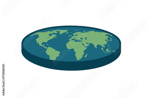 Flat earth theory vector illustration. Ancient cosmology model, disc planet with continents and oceans. Conspiracy theory concept icon. World map on a flat surface design.