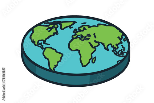 Flat earth planet icon. Vector world illustration with stylized continents and oceans. Conspiracy theory symbol. Ancient cosmology and pseudoscience concept on transparent background.