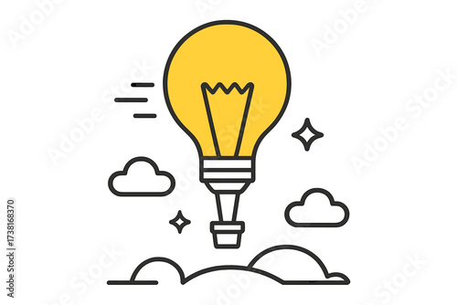 Lightbulb hot air balloon launching in sky. Concept of creative idea, innovation, imagination, freedom. Business startup launch, success. Solution, thinking, inspiration vector.