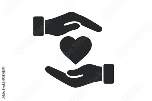 Two hands protecting a heart icon. Vector for charity, help, support, volunteer work, and donation. Symbol of love, kindness, compassion, and giving. Flat design concept.