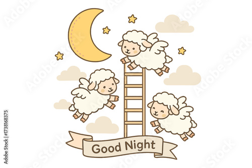 Good night message. Cute angelic lambs flying in starry sky with moon and clouds. Counting sheep to fall asleep. Sweet dreams concept for kids. Baby nursery vector illustration.