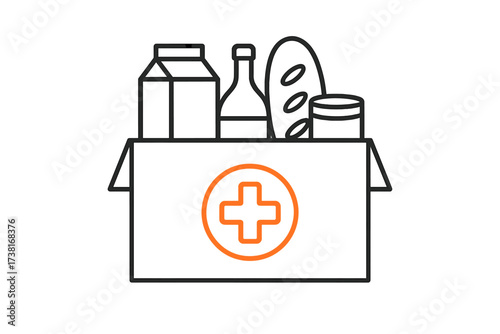 Food donation box for charity. Humanitarian aid for homeless people, disaster victims. Vector line icon of a grocery package for a food bank. Support, volunteering, social care concept.