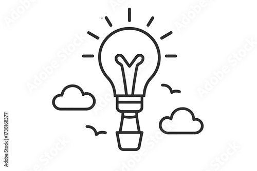 Lightbulb hot air balloon flying in sky. Line icon. Concept of creative idea, innovation, imagination, freedom, inspiration. Business startup launch, new project, thinking. Vector.