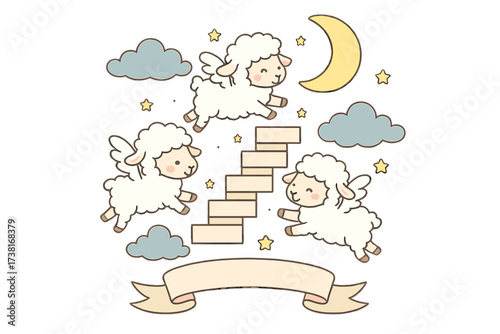 Cute flying sheep in night sky. Dreamy lambs with wings jumping on stairs to the moon. Good night, sweet dreams concept for kids nursery. Vector illustration with a banner.