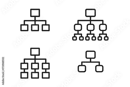 Hierarchy line icon set. Business structure and organization charts. Vector flowchart diagrams of corporate management, workflow, teamwork. Editable stroke pictograms for web.
