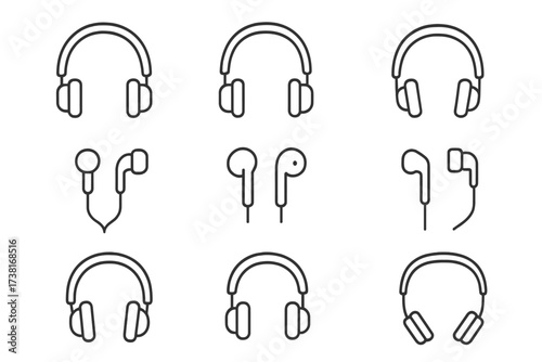 Headphones and earphones line icon set. Audio gadgets pictogram collection. Minimalist vector illustration for web, apps, and design. Editable stroke sound and music symbols.
