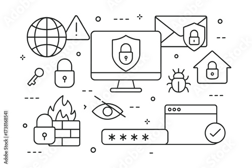 Internet security concept. Cybersecurity data protection background with flat outline icons. Vector illustration for web banner, infographic, landing page. Firewall, virus, password.