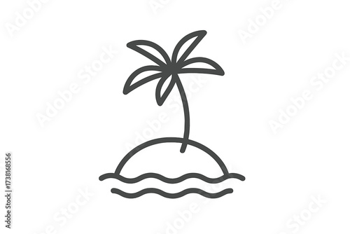 Tropical island with palm tree thin line icon. Minimal vector illustration. Summer holiday vacation concept. Paradise isle symbol. Travel logo. Tourism sign. Sea, ocean.