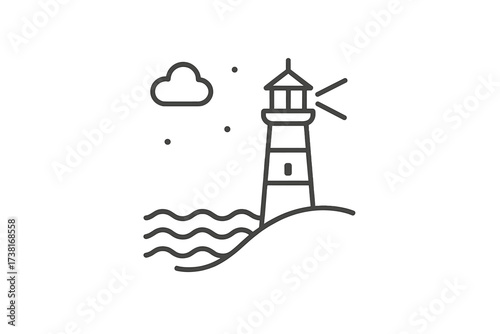 Lighthouse on sea coast icon. Vector minimal thin line art. Nautical navigation symbol for safety and guidance. Marine landscape with ocean waves and cloud. Simple geometric logo.