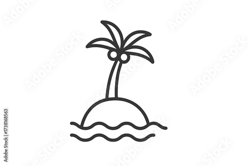 Island thin line icon with palm tree and coconuts in the sea. Minimal vector illustration for isle concepts. Summer, holidays, vacations, tourism, traveling, paradise, tropical.