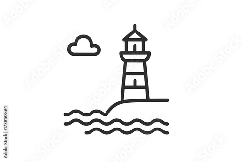 Lighthouse icon on sea coast with waves. Vector line art. Concept of navigation, safety, guidance, hope. Minimalist geometric illustration for marine and travel logo design.
