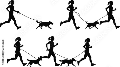Silhouette vector illustration of person running with dog on leash, outdoor exercise, pet owner lifestyle, fitness activity, animal companionship design