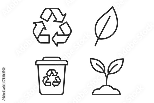 Recycle icon set. Eco friendly, biodegradable and sustainable concept. Thin line vector illustration of leaf, plant sprout, and trash bin for waste sorting and zero waste.
