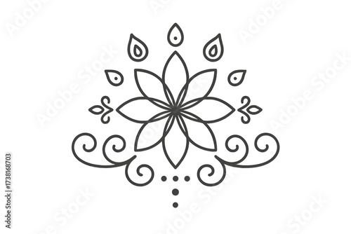 Rangoli minimal vector line icon. Indian floral pattern for Hindu festivals like Diwali, Onam, Pongal. Traditional ethnic mandala ornament. Line art design element for India.