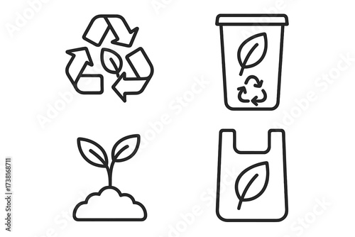 Recycle and biodegradable icon set. Thin line vector icons for eco sustainable design. Ecology, zero waste, and environment concepts. Sprout, compost bin, and green bag.