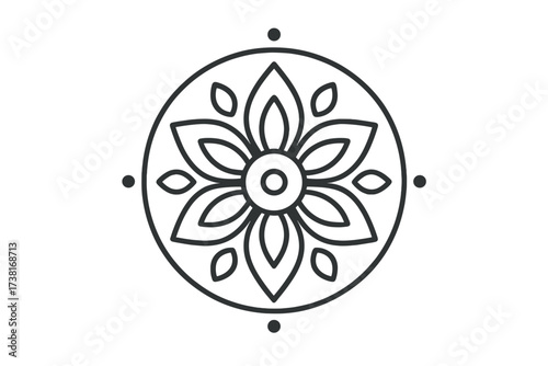 Rangoli minimal vector icon. Thin line illustration for indian art decoration for Hindu festivals like Diwali, Onam, Pongal. Geometric floral mandala. Ethnic spiritual symbol.
