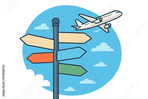 Road signpost pointing to different cities. Travel destinations choice concept. Directional arrow sign for journey, tourism, vacation. Airplane flying in sky. Vector illustration.