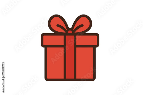 Red gift box vector flat icon for birthday, christmas, promotions, contests, marketing, and giveaways. Enter to win prize. Special offer graphic for celebration and sales.