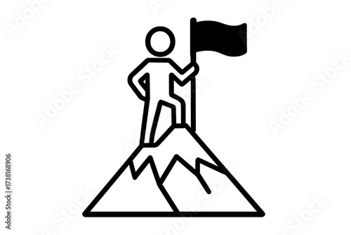 Reaching the goal concept. Character with flag on mountain top. Success, achievement, victory, and mission accomplished icon. Leadership, ambition, and peak performance.