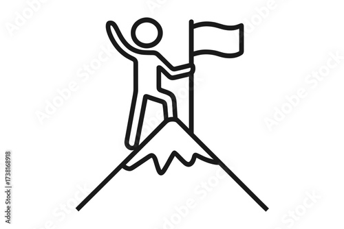 Man on top of mountain with flag. Success, achievement, reaching a goal. Leadership, victory, mission accomplished. Metaphor for career growth, peak performance, and climbing.