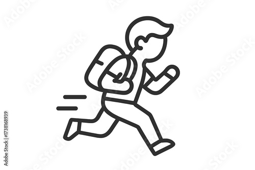 Student rushing to class icon. Character running late for school. Person with backpack hurrying. Thin line vector art. Minimal outline symbol for education, schedule, deadline.