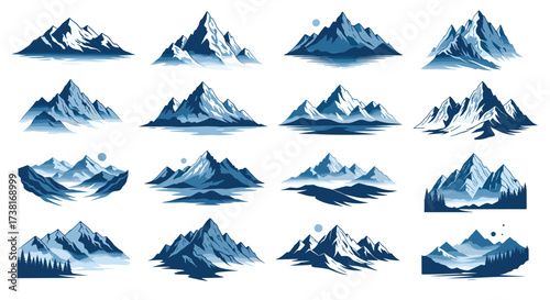 Collection of pixel art mountain ranges and peaks in blue.
