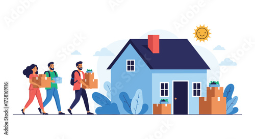 People moving boxes towards a blue house on a sunny day.