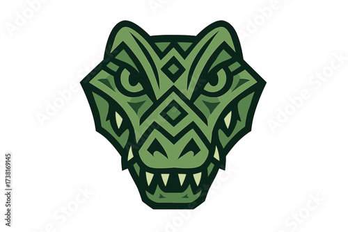 Stylized geometric crocodile head illustration. Vector icon tribal design. Animal reptile mascot logo for a sports team. Abstract green alligator face emblem with patterns.