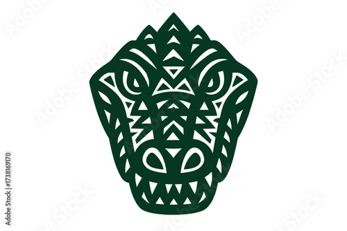 Stylized geometric crocodile head vector illustration. Tribal alligator face icon with ethnic patterns. Abstract reptile mascot logo design. Polynesian style ornamental tattoo art.