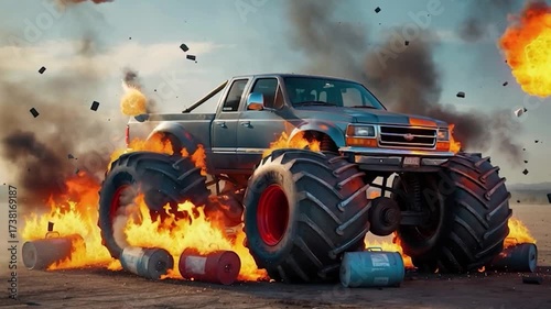 Monster Truck on Fire with Explosions and Debris in a Desert Landscape