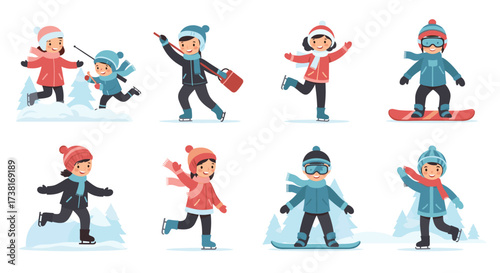 Children enjoying winter sports activities together on the snow.