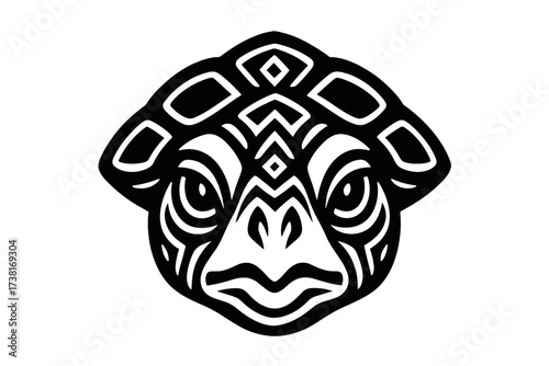 Stylized geometric turtle head vector illustration. Tribal tortoise mascot icon in black and white. Polynesian tattoo design concept for a logo. Sea reptile animal face.