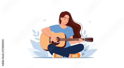 Young woman playing acoustic guitar outdoors surrounded by nature.