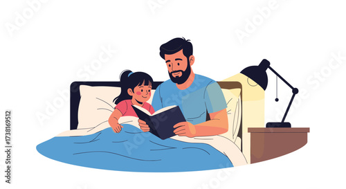 A father reading a bedtime story to his daughter.