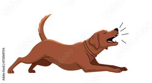 An animated brown dog barking and wagging its tail loudly.