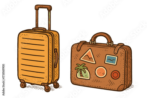 Set of travel bags for vacation. Summer luggage, rolling suitcase and retro leather bag with stickers. Hand drawn vector doodle illustration for journey, trip or adventure.