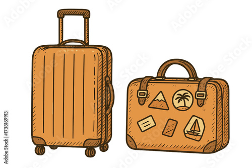 Travel bags ready for vacation. Summer luggage set with retro suitcase and modern trolley. Hand drawn vector doodle illustration with stickers for journey, tourism, or trip concepts.