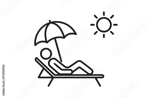 Sunbathing thin line icon. Person on beach chair under umbrella. Tanning in the sun at a resort or pool. Summer vacation, travel and relaxation vector illustration concept.