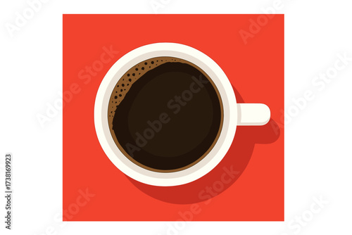 Top view of a coffee cup on a red background. Vector illustration of a mug with black coffee. Flat design for cafe menu, morning beverage, or caffeine concept. Hot drink icon.