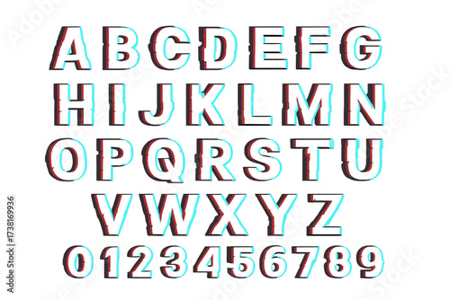 Glitch font vector alphabet. Distorted letters and numbers with stereo anaglyph effect. Trendy typeface for digital, cyber, futuristic concepts. Broken text lettering style.