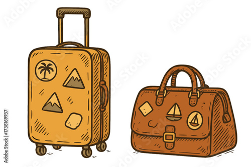 Travel bags for vacation. Summer luggage, suitcase and leather bag with stickers. Retro style vector. Hand drawn doodle illustration icons. Tourism concept. Adventure and holiday journey.