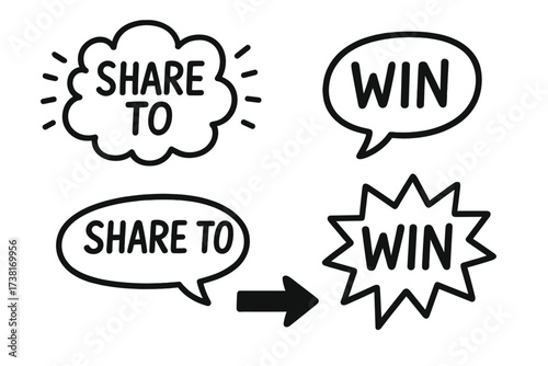 Share to Win trendy doodle speech bubble icon set for social media contest. Vector graphic for marketing promotion, giveaway. Hand-drawn call to action message concept.